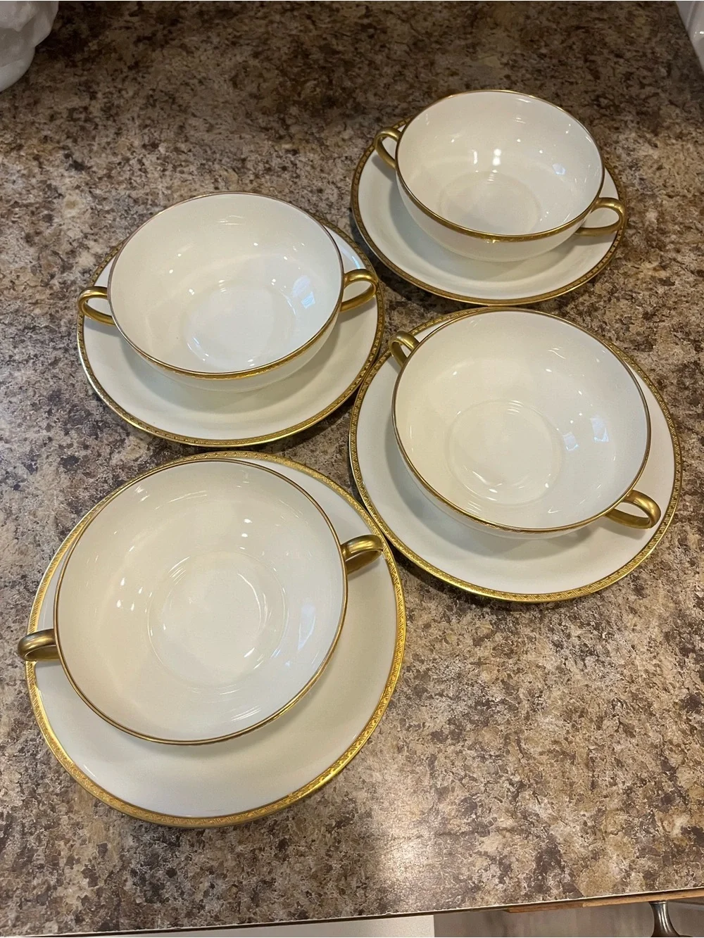 Black Knight Cream and Gold Trimmed Double-Handled Soup Cups with Saucers